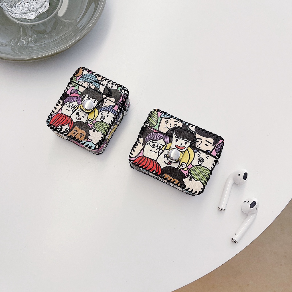 Vỏ Bảo Vệ Hộp Sạc Tai Nghe AirPods 1 2 3 pro2 2022 Bằng Da PU Hình Vuông Họa Tiết Hoạt Hình Sáng Tạo