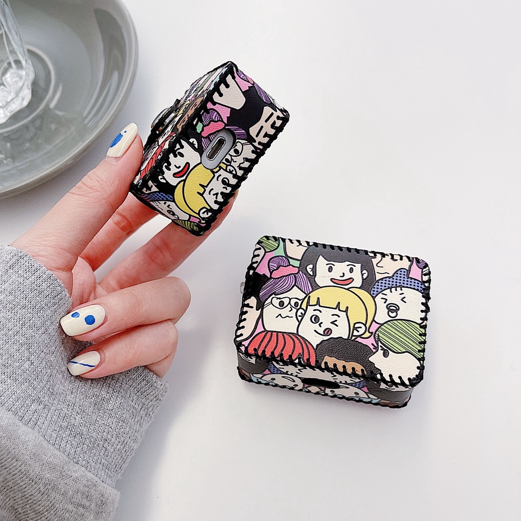 Vỏ Bảo Vệ Hộp Sạc Tai Nghe AirPods 1 2 3 pro2 2022 Bằng Da PU Hình Vuông Họa Tiết Hoạt Hình Sáng Tạo