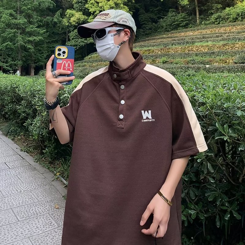 Áo Thun Polo Tay Ngắn Cổ Đứng Màu Tương Phản Phong Cách Retro Mỹ Cho Nam