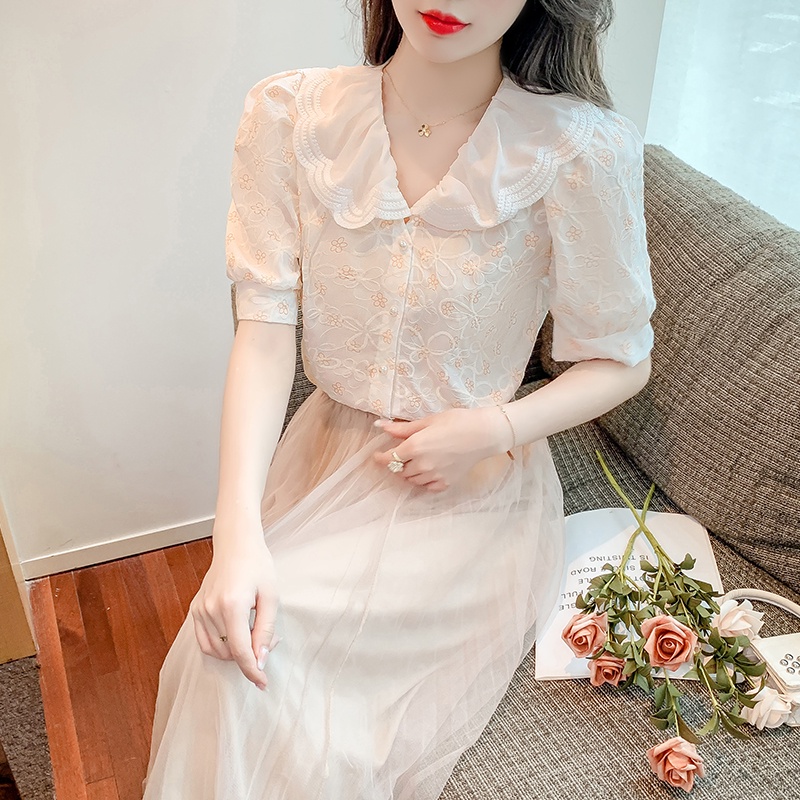 Áo Sơ Mi Voan Cổ Búp Bê / Dễ Phối Đồ / Mỏng / Thêu / Phong Cách Mới / Ren / Cá Nhân KNK0