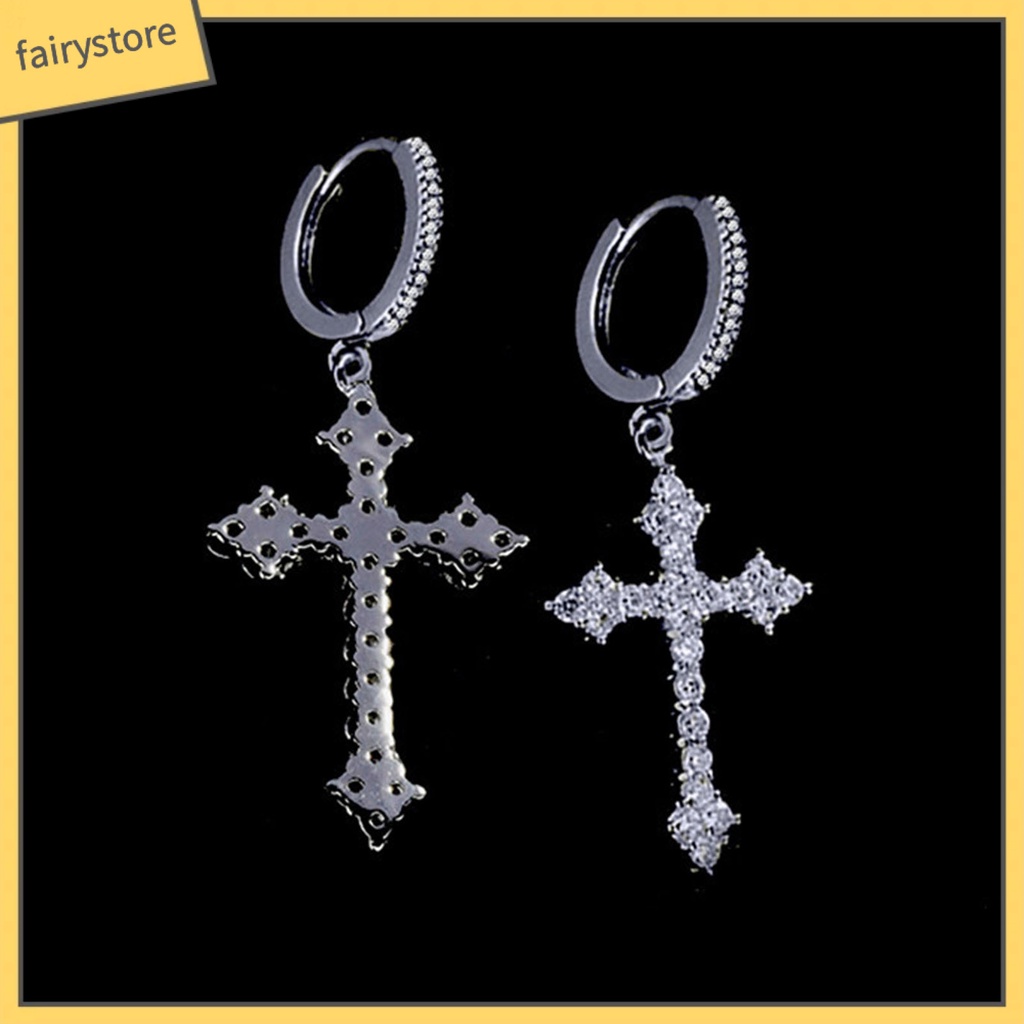 1 Đôi Bông Tai Hình Chữ Thập Lấp Lánh Phong Cách Hip Hop