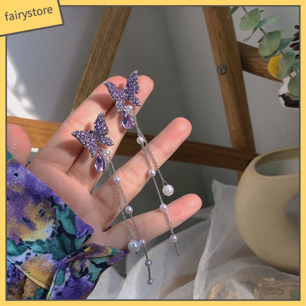 1 Đôi Bông Tai Dáng Dài Hình Bướm Đính Đá Tinh Tế Thời Trang