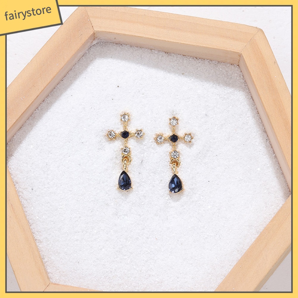 Bông Tai Hình Thánh Giá Đính Đá Sapphire Giả Bằng Hợp Kim Thời Trang Cho Nữ