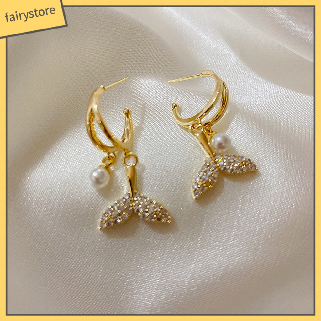 1 Đôi Bông Tai Hình Đuôi Cá Đính Ngọc Trai Giả Bằng Hợp Kim Phong Cách Vintage Dành Cho Nữ