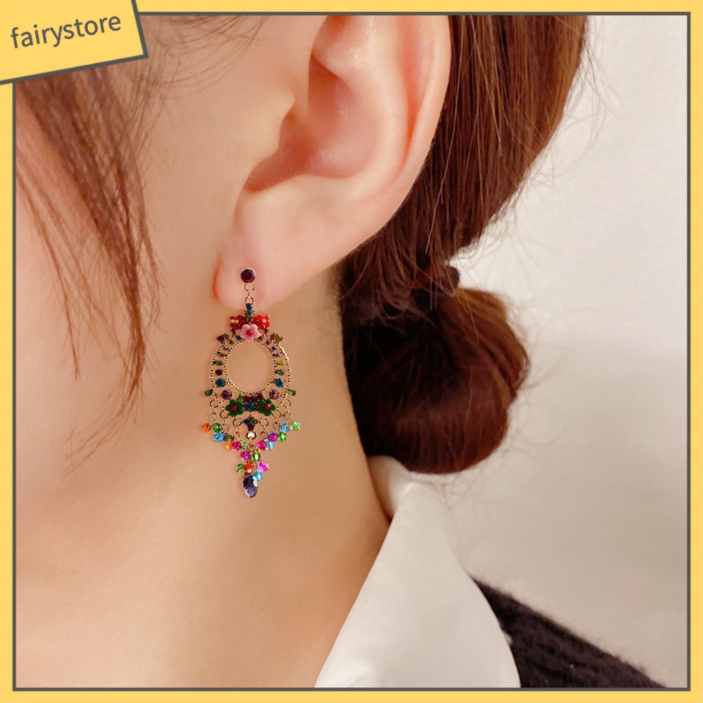 1 Cặp Bông Tai Tua Rua Đính Đá Nhiều Màu Phong Cách Bohemian