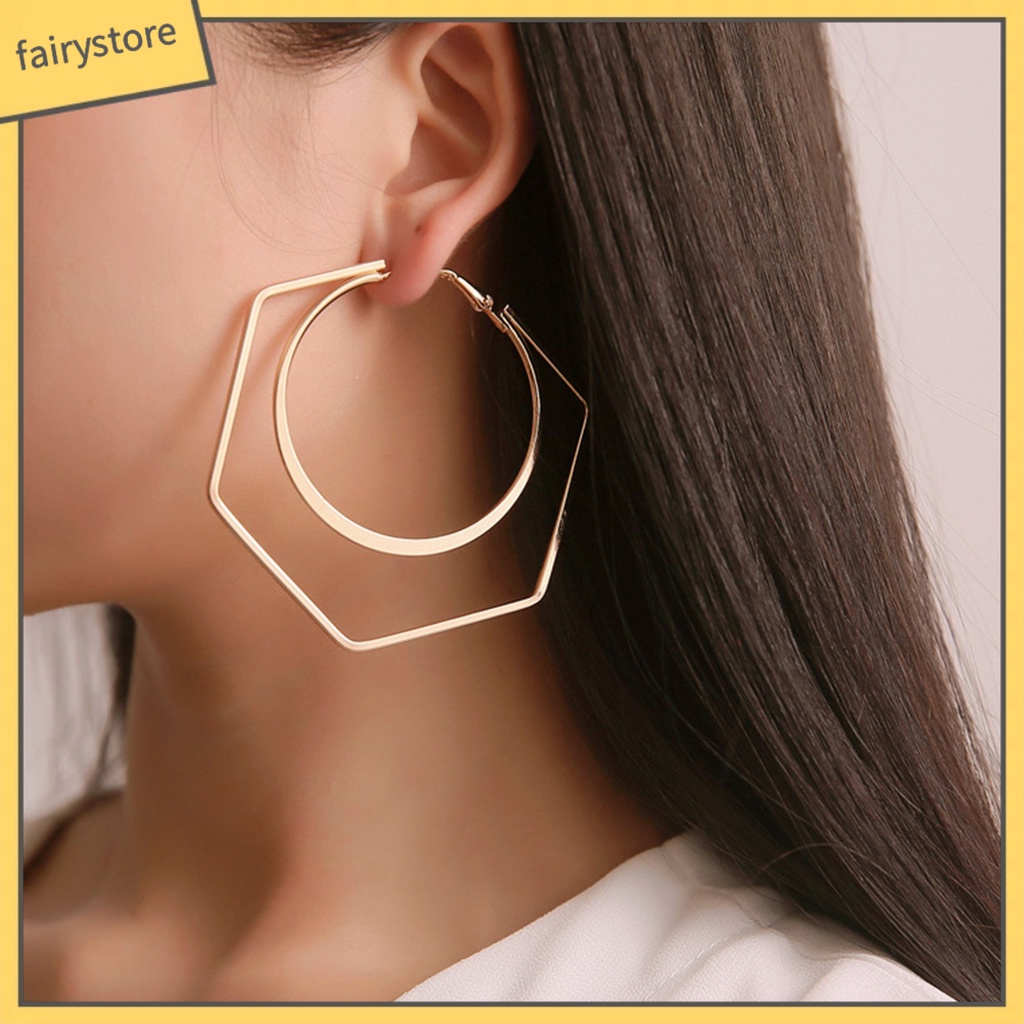 1 Đôi Bông Tai Hình Lục Giác / Tròn Lớn Độc Đáo Thời Trang Cho Nữ