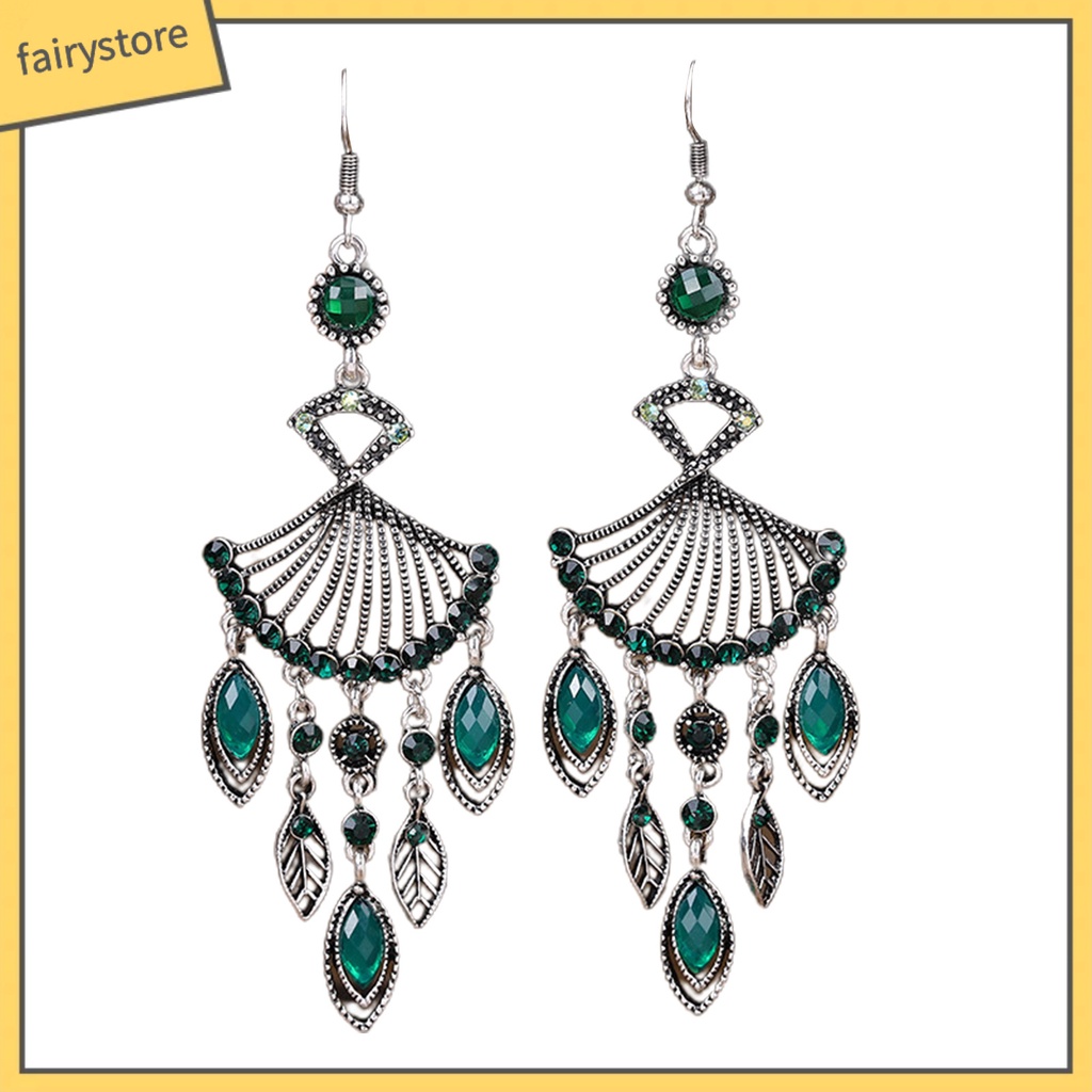 1 Đôi Bông Tai Dáng Dài Hình Quạt Đính Pha Lê Giả Phong Cách Bohemian Thời Trang Cho Nữ