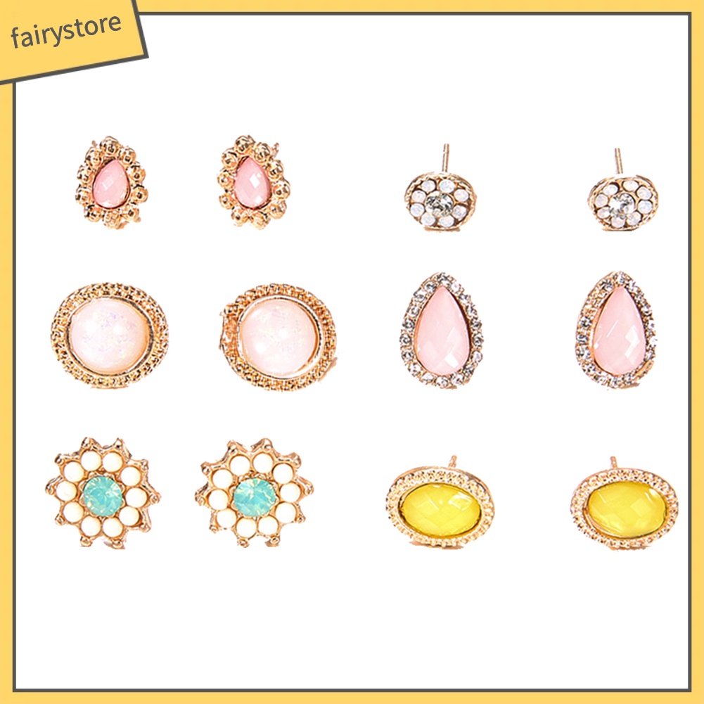 6 Đôi Bông Tai Đính Đá Thời Trang Nữ Tính