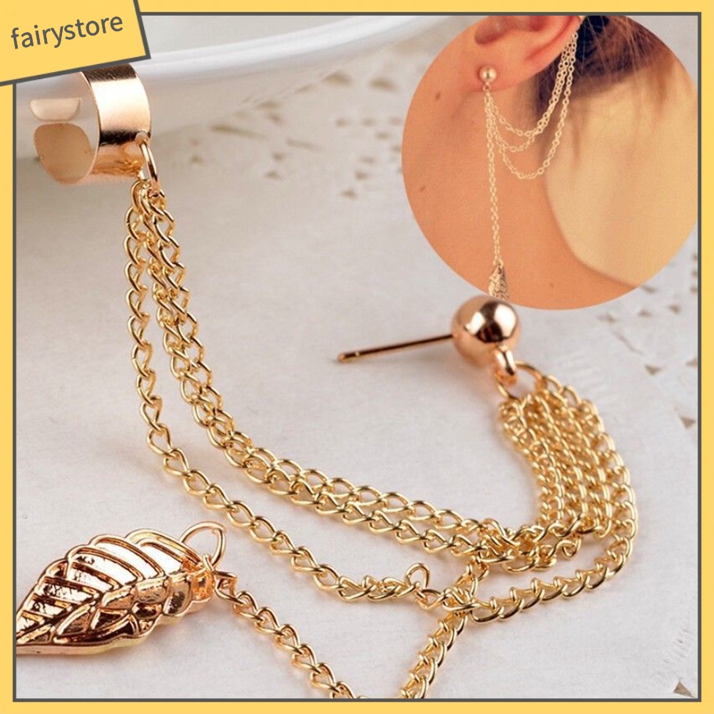 Bông Tai Kiểu Kẹp Hình Lá Phối Dây Xích Phong Cách Punk Rock Thời Trang Cho Nữ