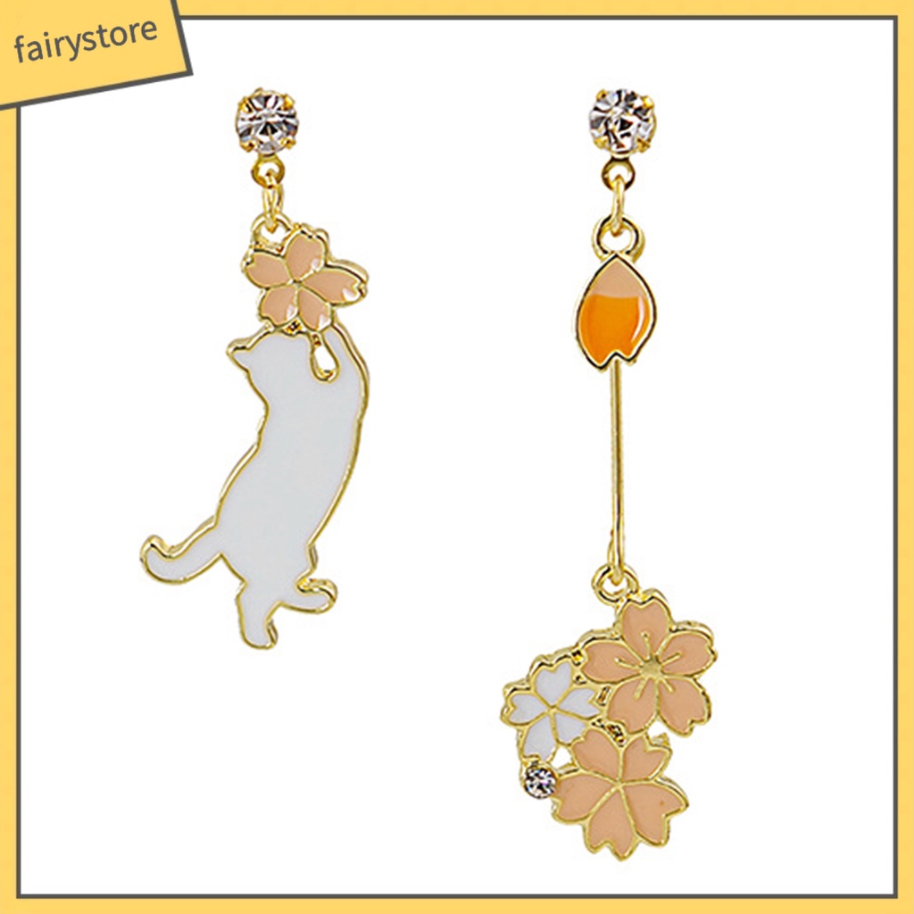 1 Đôi Bông Tai Mạ Điện Hình Hoa / Mèo Hoạt Hình Chống Phai Màu Thời Trang Cho Nữ