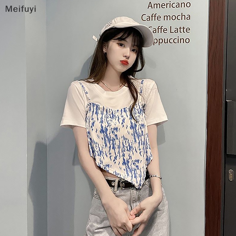 Áo Thun Ngắn Tay Cổ Tròn Giả Hai Lớp Nhuộm Màu Thời Trang Mùa Hè Cho Nữ