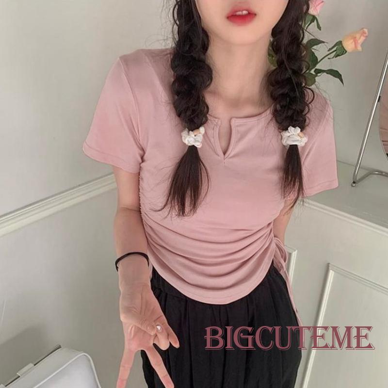 Áo Thun Tay Ngắn Cổ Chữ V Màu Sắc Đơn Giản Dành Cho Nữ