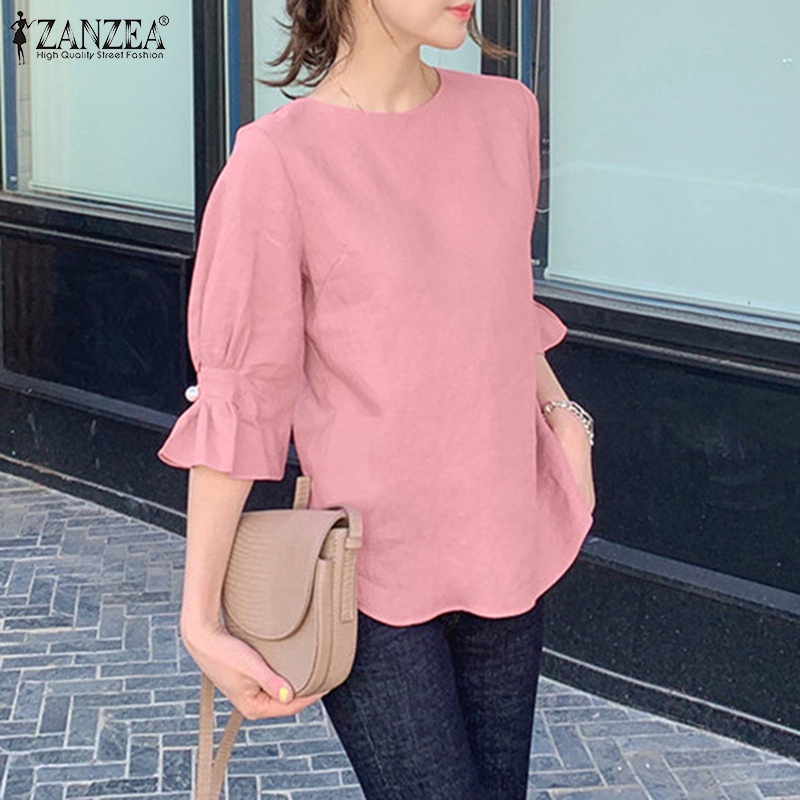 Zanzea Áo Thun Nữ Tay Lửng Cổ Tròn Màu Trơn Phong Cách Hàn Quốc