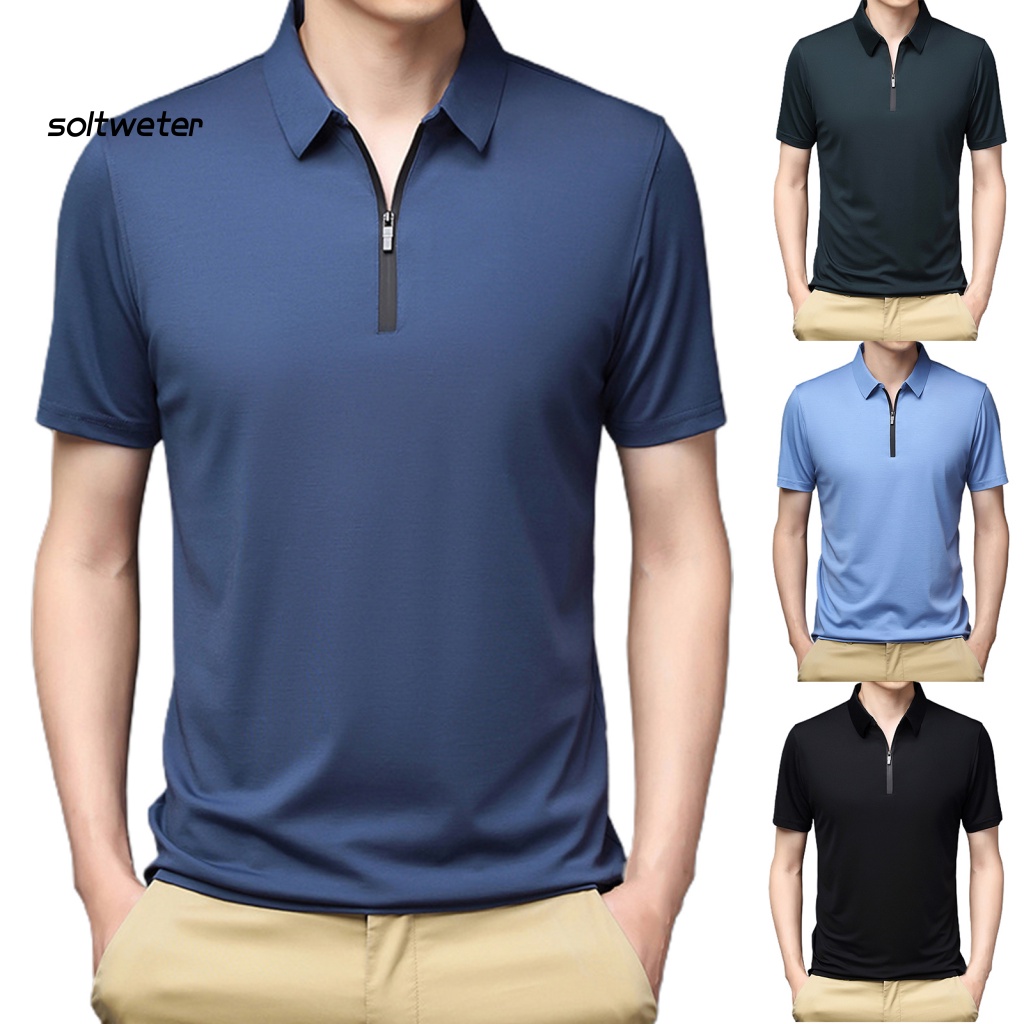 Áo Sơ Mi Tay Ngắn Cổ Bẻ Màu Sắc Đơn Giản Có Khóa Kéo Thời Trang Đường Phố Cho Nam