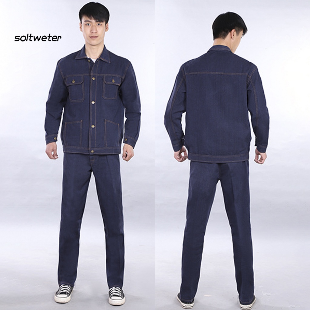 Bộ 2 Món Áo Khoác Denim Tay Dài Cổ Bẻ Cài Một Hàng Nút Sắt + Quần Dài Tới Mắt Cá Chân Có Nhiều Túi Cho Nam