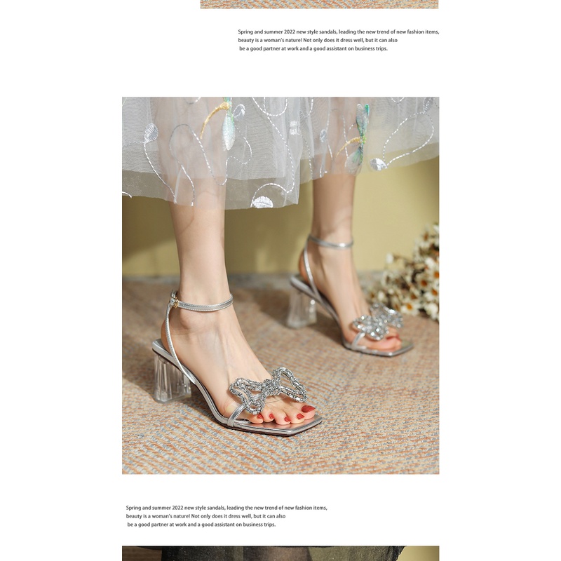 BEIJIANI Xăng Đan Cao Gót 7.5cm Quai Trong Suốt Đính Đá Pha Lê Thắt Nơ Xinh Xắn Thời Trang Mùa Hè Cho Nữ