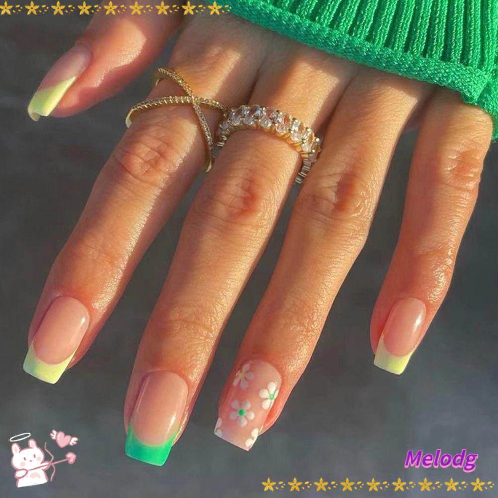 Bộ 24 Móng Tay Giả Hình Vuông Màu Xanh Lá / Đen Có Thể Tháo Rời