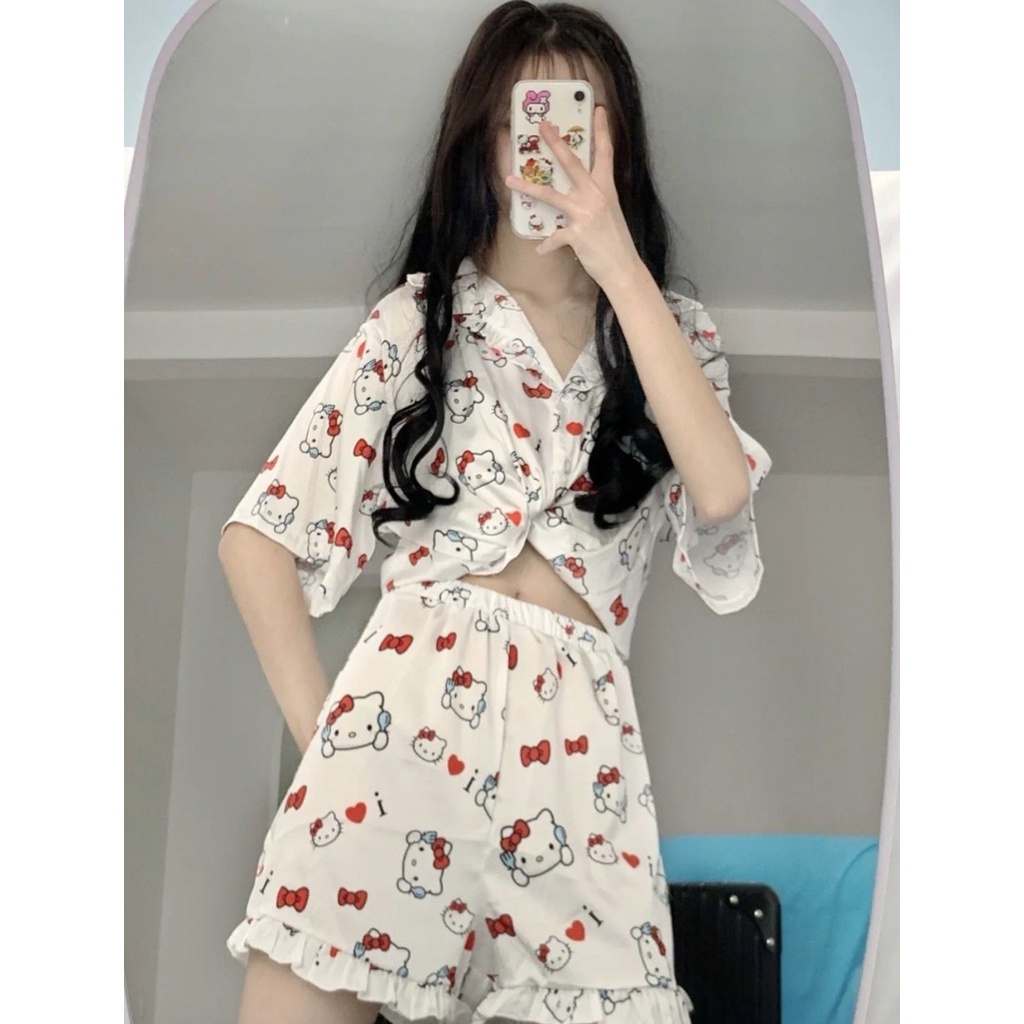 Bộ Đồ Ngủ Tay Ngắn In Hoạt Hình Hello Kitty Phong Cách Nhật Bản Thời Trang Mùa Hè Xinh Xắn Cho Nữ