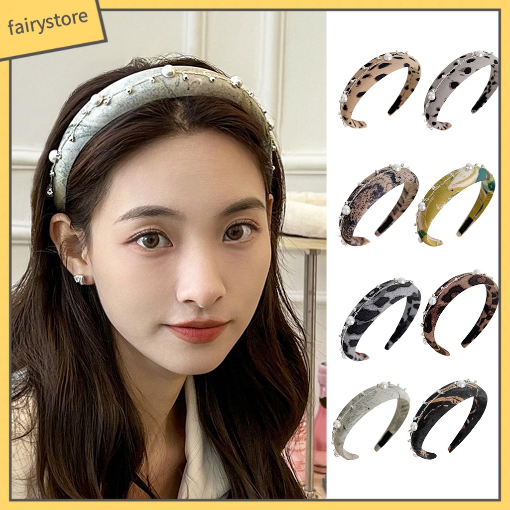Băng Đô Cài Tóc Bản Rộng Tăng Chiều Cao Đính Đá Ngọc Trai Nhân Tạo Họa Tiết Da Báo Thời Trang Cho Nữ
