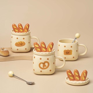 ❤cốc sứ uống trà / cà phê có nắp và muỗng hình baguette dễ thương