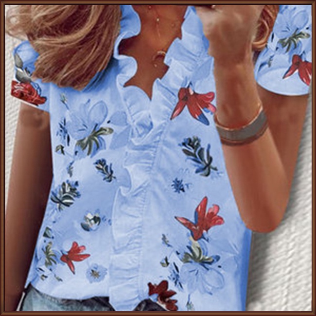 Áo Kiểu Tay Ngắn Cổ Chữ V In Họa Tiết Hoa Thanh Lịch Dành Cho Nữ