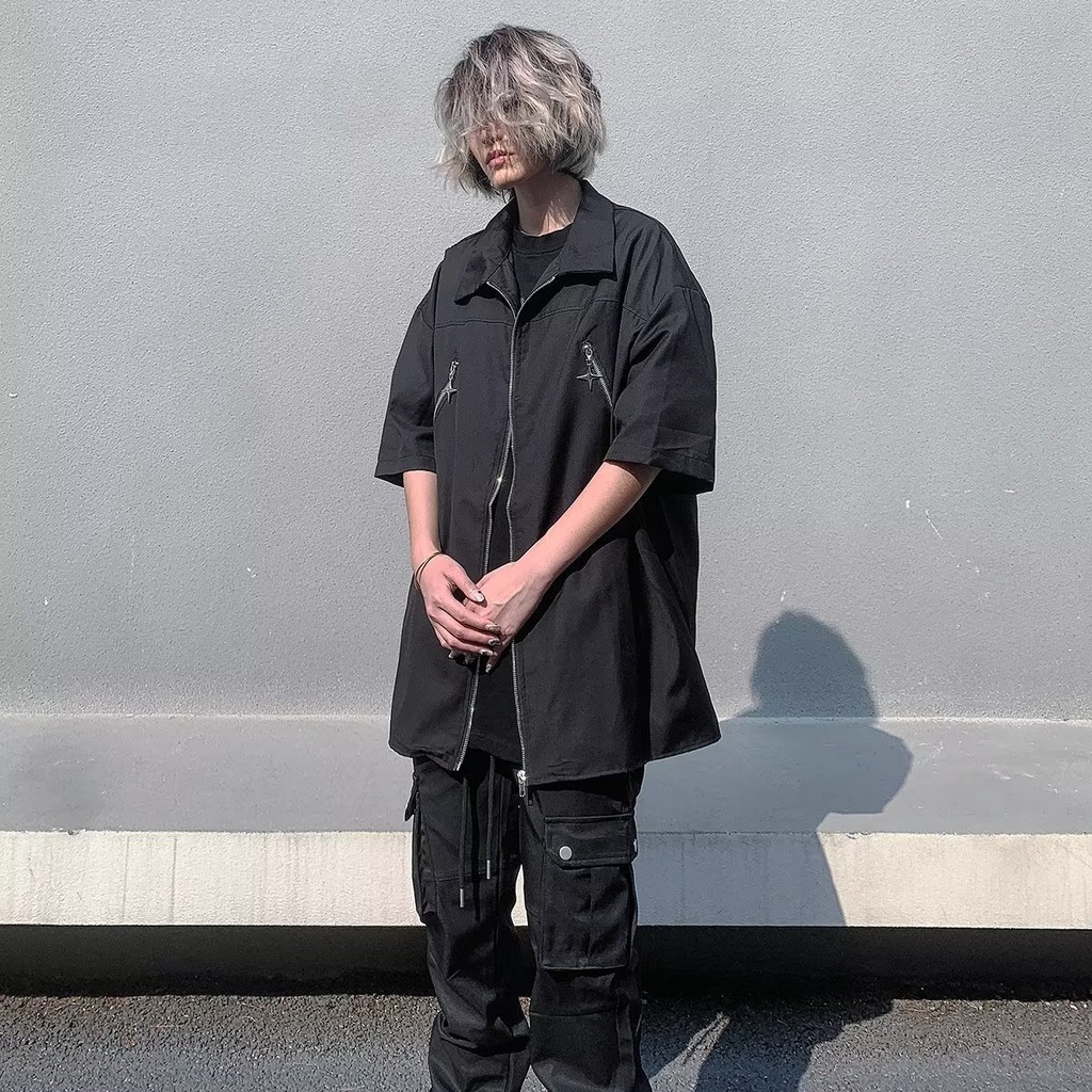 Áo Sơ Mi Tay Ngắn Màu Đen Có Khóa Kéo Dáng Rộng Phong Cách Đường Phố Mỹ Cá Tính Cho Nam