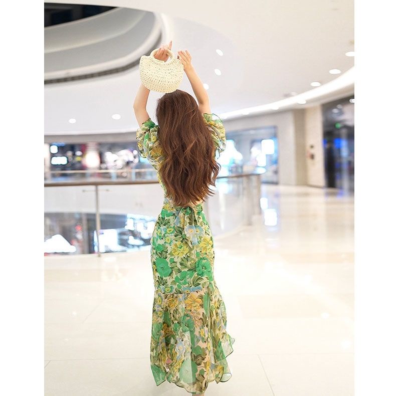 Đầm Mùa Hè 2023 Eo Hẹp Cao In Họa Tiết Màu Xanh Lá Đậm Sang Trọng Thời Trang Cao Cấp