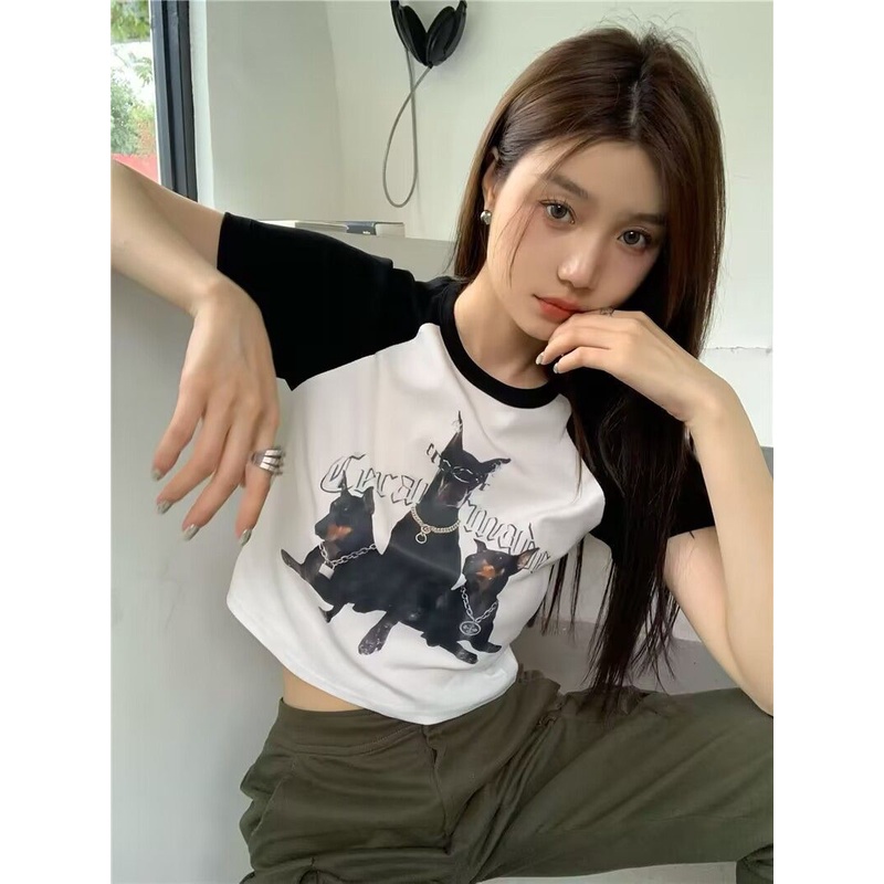 Áo Raglan Baby tee Thun croptop Ngắn Tay Lưng Cao Dáng Ôm In Họa Tiết Màu Sắc Tương Phản Thời Trang Mùa Hè Cho Nữ