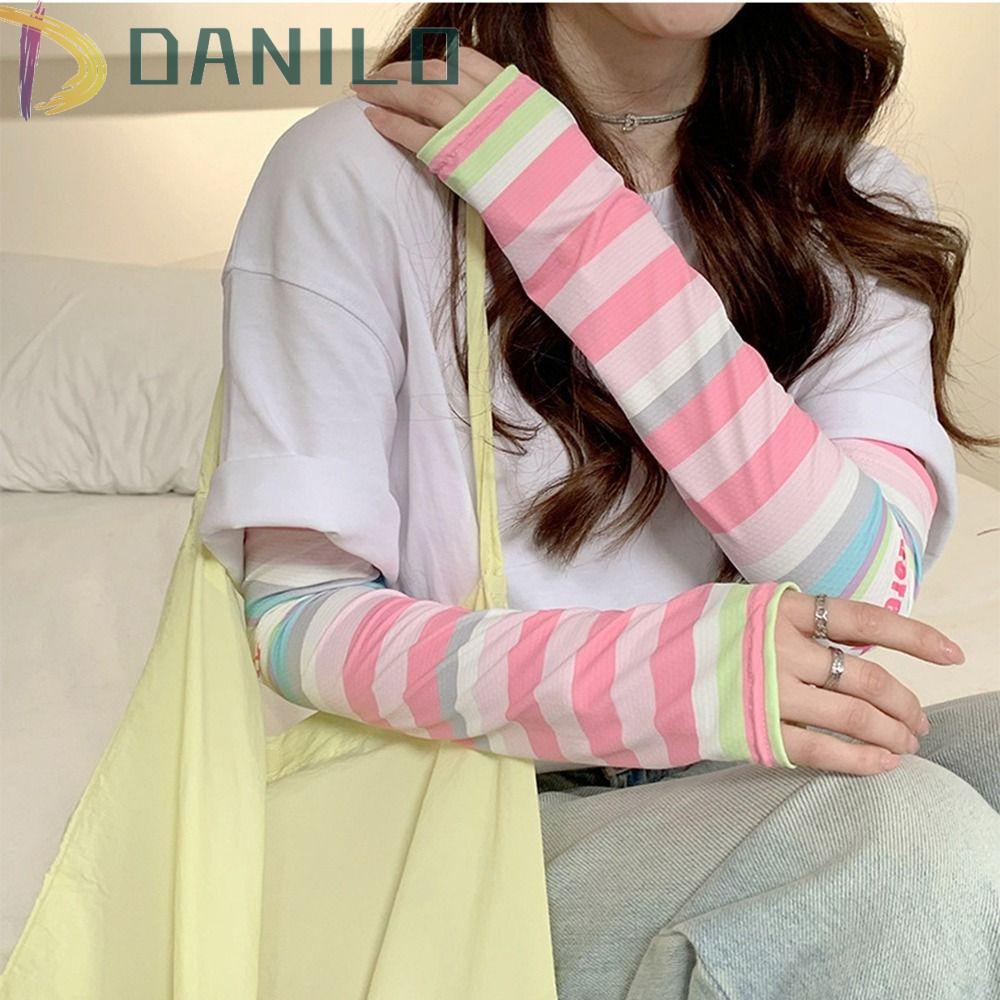 Găng Tay Chống Nắng Tia UV Y2k Bằng Lụa Lạnh Họa Tiết Kẻ Sọc Cầu Vồng Dễ Thương Bảo Vệ Khi Lái Xe Ngoài Trời