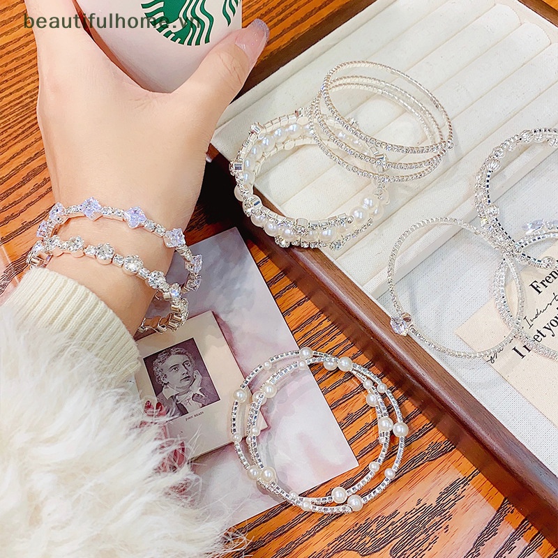 [beautifulhome] Vòng Tay Ngọc Trai Giả Pha Lê Nhiều Lớp Co Giãn Trang Sức Cô Dâu Làm Quà Tặng [beauty]