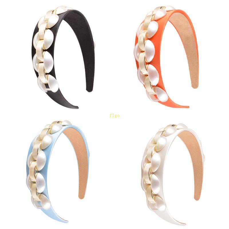 Băng Đô Cài Tóc Bản Rộng Bằng Satin Đính Ngọc Trai Giả Phối Dây Xích Kim Loại Sáng Bóng Phong Cách Retro Dành Cho Nữ