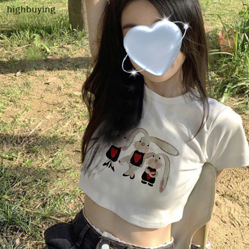 Áo Thun Lửng Ngắn Tay Cổ Tròn In Hình Thỏ Hoạt Hình Phong Cách Retro Mỹ Cho Nữ