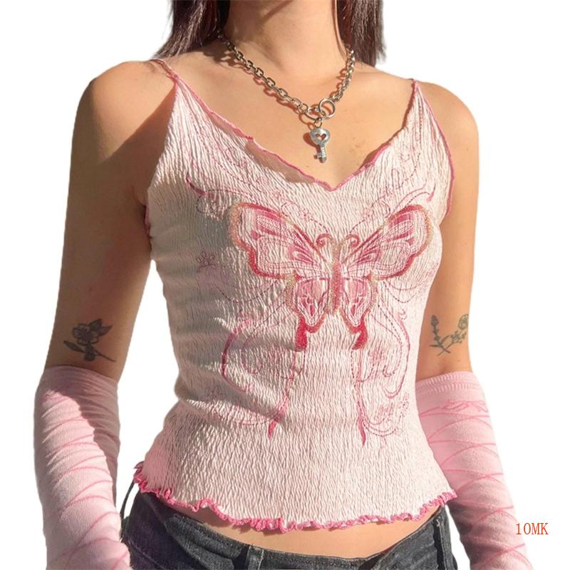 Áo Croptop Hai Dây Cổ Chữ V In Họa Tiết Bướm Quyến Rũ Cho Nữ