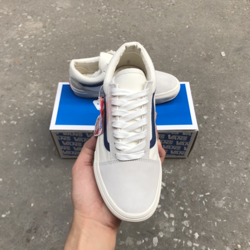 Giày thể thao Vans old skool trắng xanh navy, Giày Vans trắng xám sọc đen nam nữ cao cấp full box