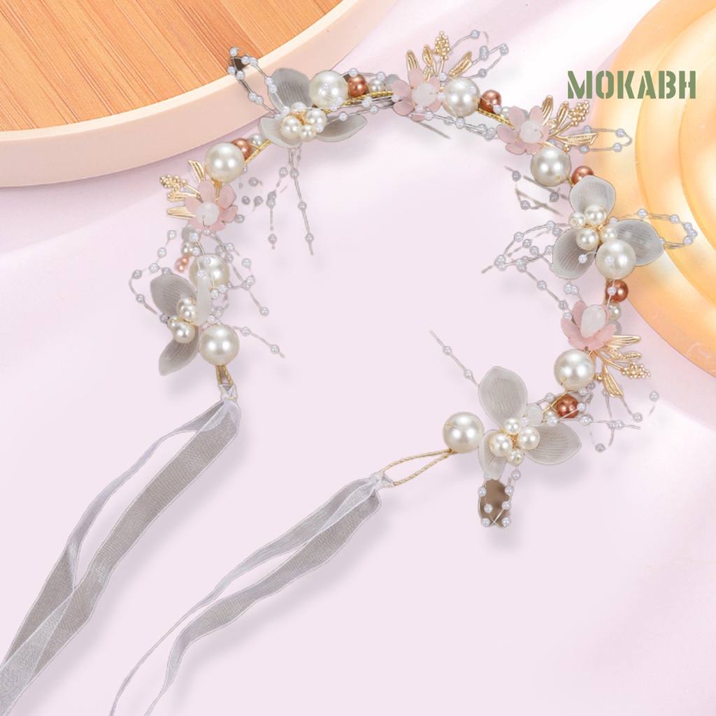 Băng Đô Đính Hoa Ngọc Trai Giả Thắt Nơ Ruy Băng Lãng Mạn Có Thể Điều Chỉnh Trang Trí Tóc Cho Bé Gái