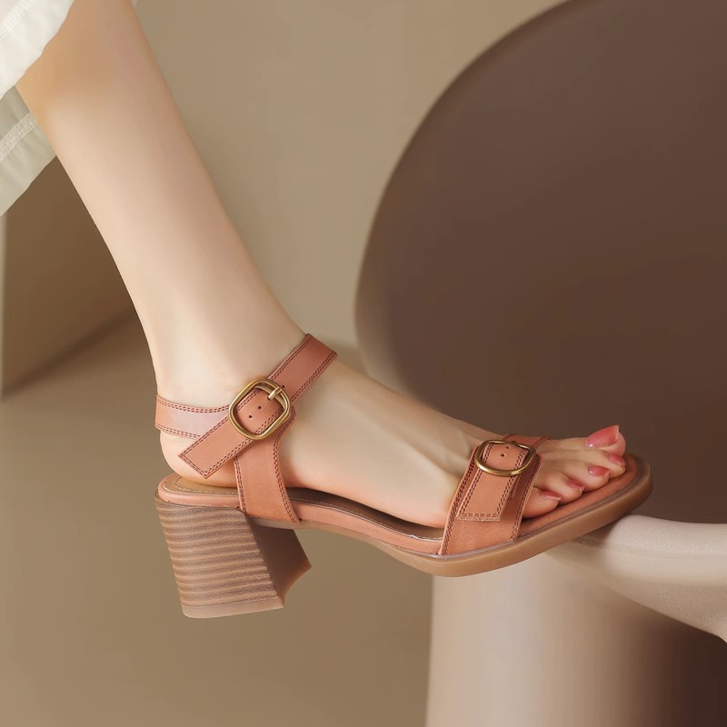 Duoya Tóc Thẳng ~ [Hàng Có Sẵn] Giày Sandal Dây Da Thật Mềm Cao Gót Hở Ngón Đế Dày Cài Khóa La Mã Cho Nữ