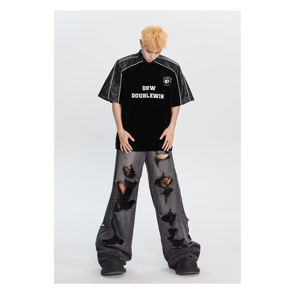 Quần Jean Rách Ống Rộng Màu Đen Phong Cách Retro Mỹ Cá Tính Cho Nam