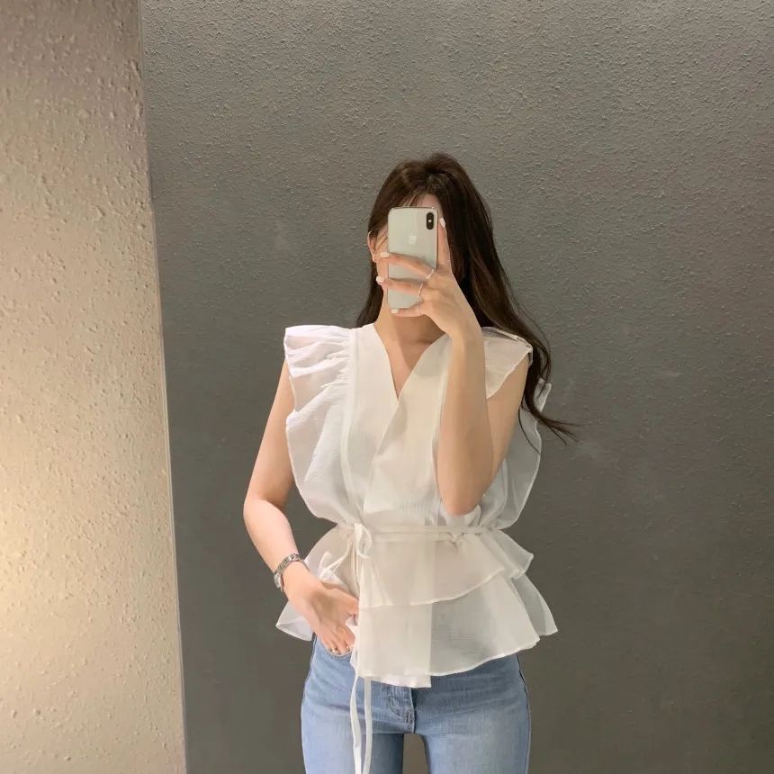 Áo Sơ Mi Cổ Chữ V Không Tay Phối Bèo Thời Trang Mùa Hè Hàn Quốc 2023 Dành Cho Nữ