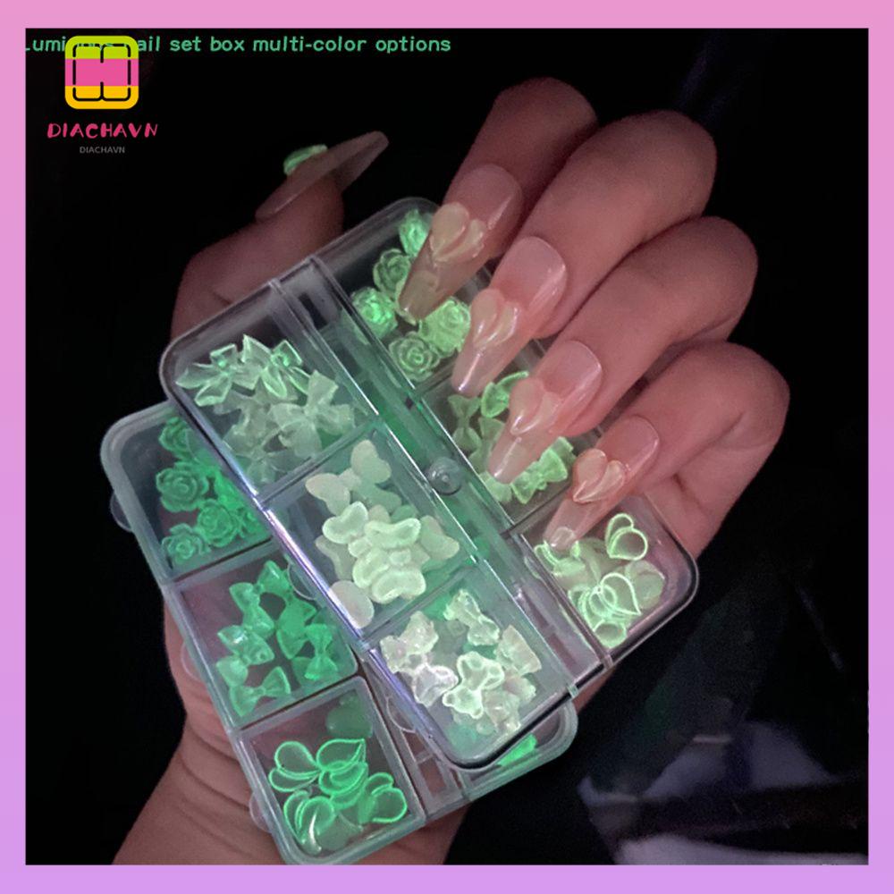 DIACHAVN Hộp 6 Ngăn Đựng Hạt Nhựa 3D Dạ Quang Đính Móng Nghệ Thuật