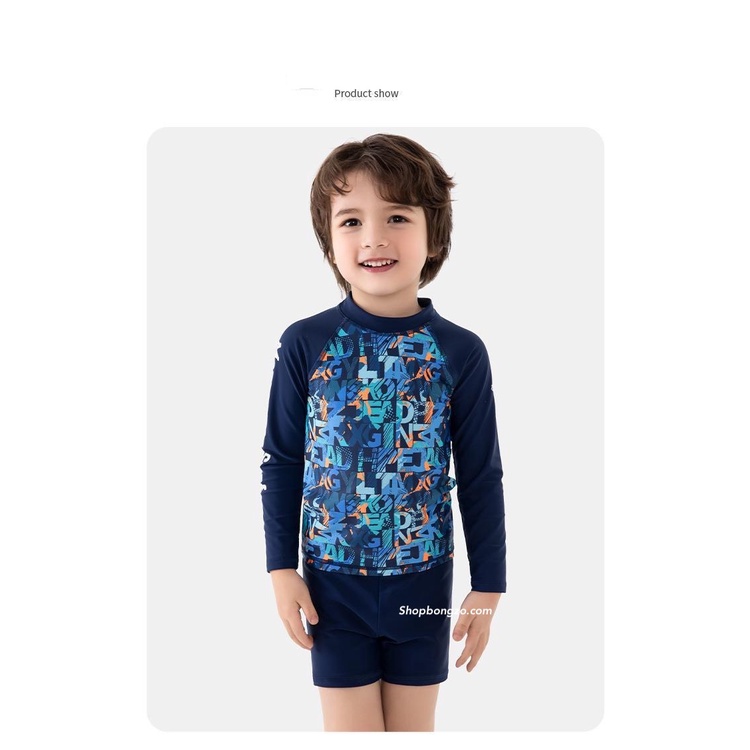 Bộ bơi bé trai dài tay, xanh đen hoạ tiết chữ, Momasong