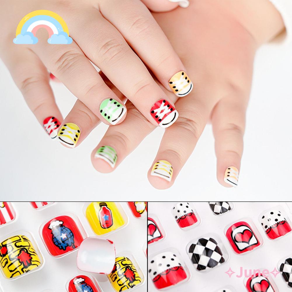 JUNE Bộ 24 Móng Tay Giả Hình Oval Che Phủ Toàn Diện Tháo Rời Được Dành Cho Trẻ Em