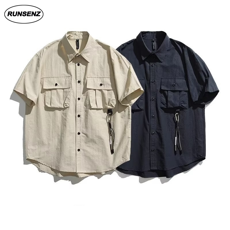 Áo Sơ Mi Ngắn Tay Dáng Rộng Phối Nhiều Túi Kiểu Vintage Nhật Bản Cá Tính Cho Nam