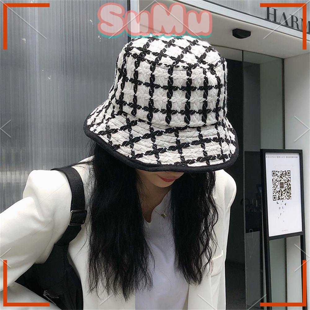 SUMU Mũ Bucket Vành Rộng Họa Tiết Sọc Caro Thời Trang Thu Đông