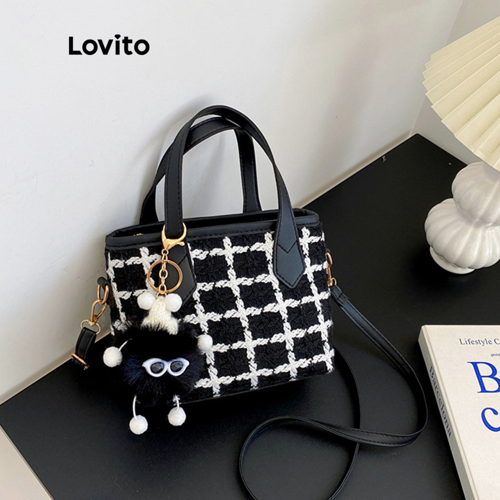 Lovito Túi vuông họa tiết cổ điển kẻ sọc đơn giản cho nữ LNA09108 (Trắng đen)