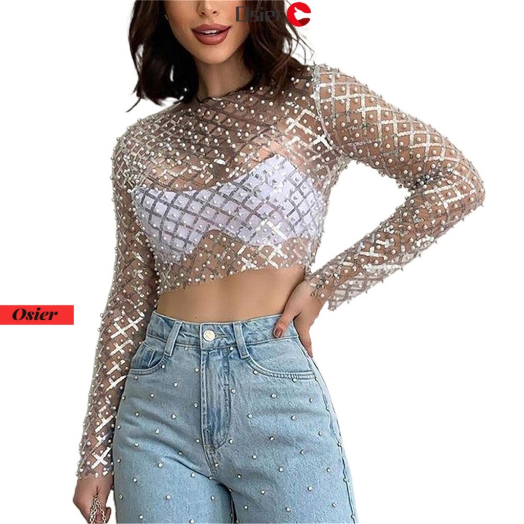 OSIER1 Áo Croptop Tay Dài Xuyên Thấu Đính Kim Sa Lấp Lánh Thời Trang Đường Phố Quyến Rũ Cho Nữ