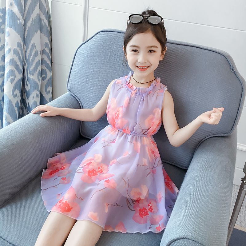 Đầm Công Chúa Không Tay Chất Liệu Chiffon Họa Tiết Hoa Thời Trang Mùa Hè Cho Bé Gái