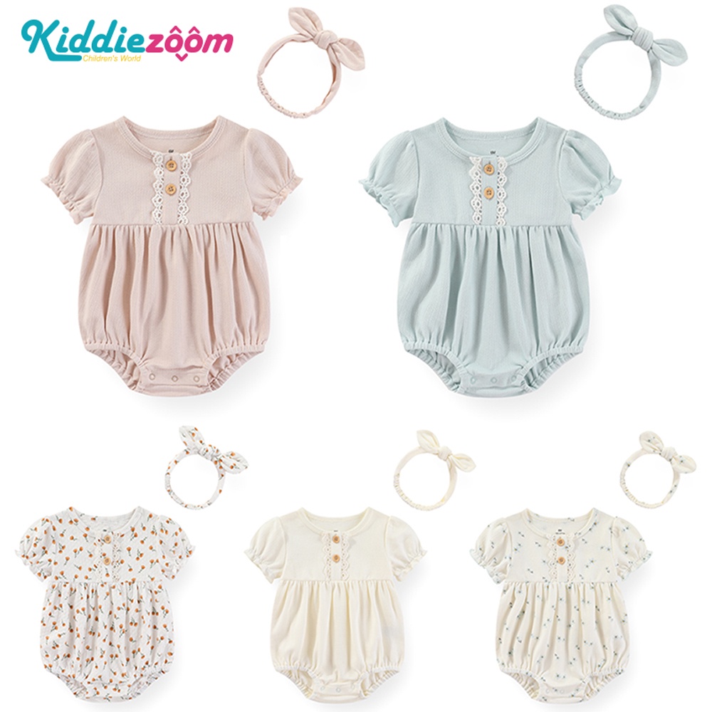 Bộ Áo Liền Quần + Băng Đô Vải Cotton Trơn Dễ Thương Cho Bé Gái Sơ Sinh 6-24 Tháng Tuổi