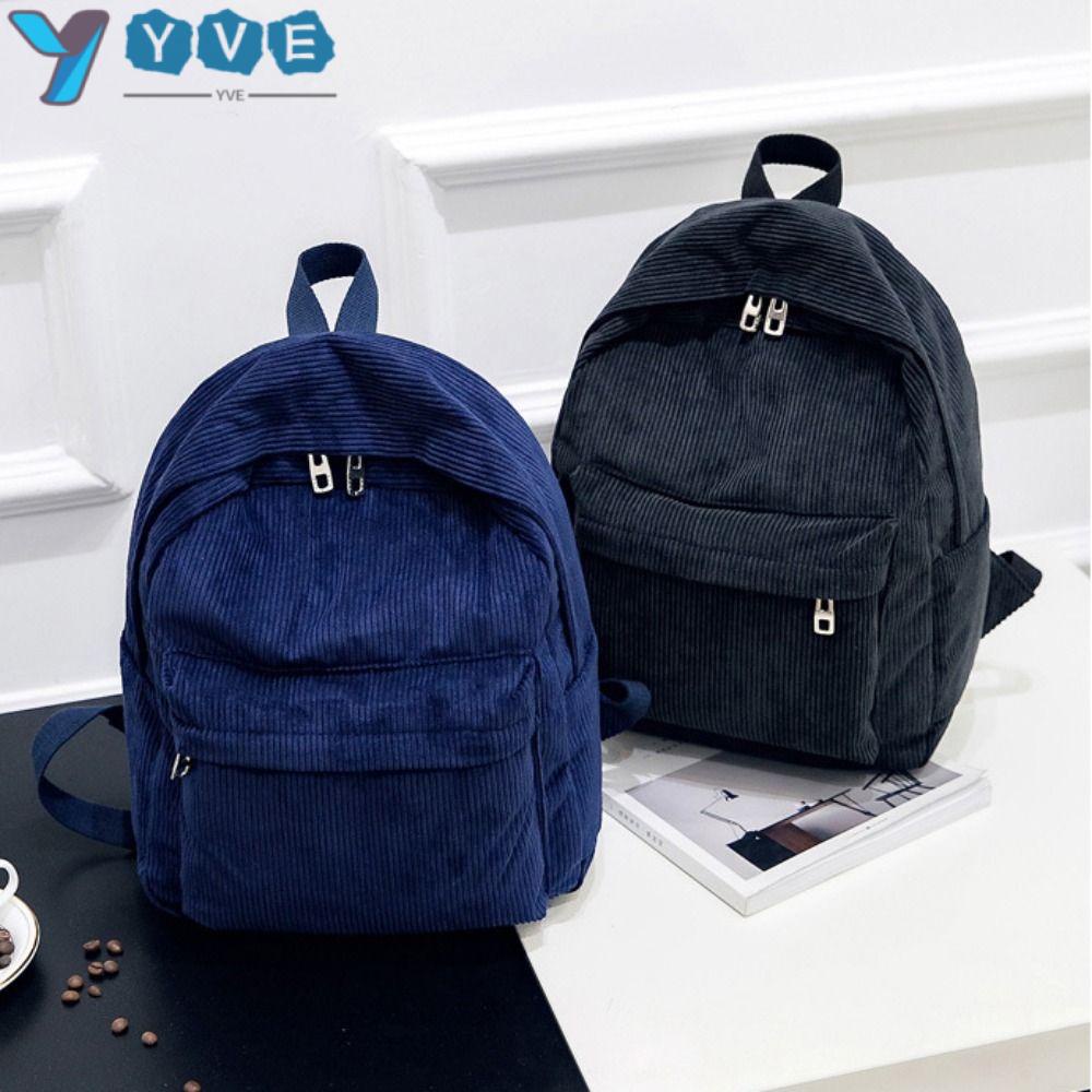 YVE Ba Lô Đi Học / Du Lịch Cỡ Lớn Bằng Vải Nhung Kẻ Sọc Dacron Gọn Nhẹ Thời Trang