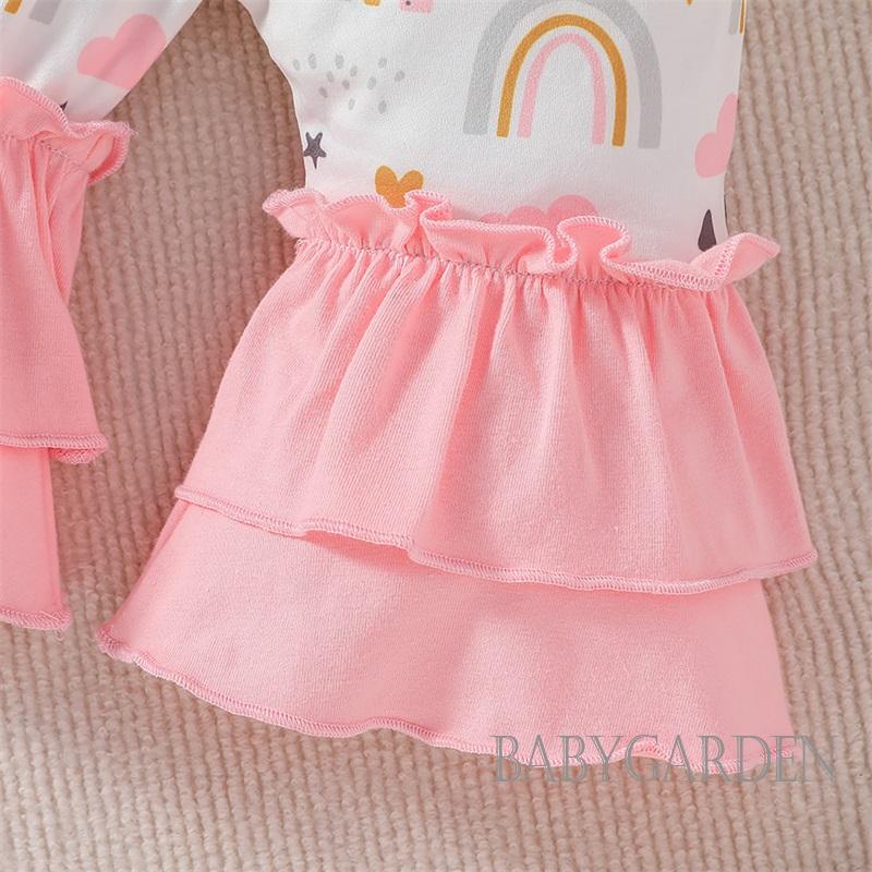 Set Áo Liền Quần + Quần Ống Loe + Băng Đô In Họa Tiết Cầu Vồng Dành Cho Bé Gái 3-24 Tháng Tuổi