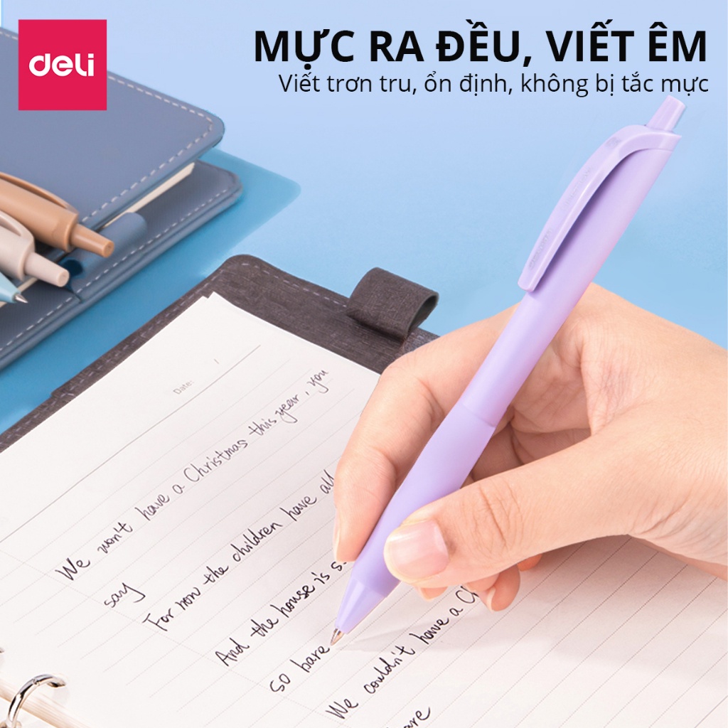 Bút bi bấm văn phòng mực đen ngòi 0.5mm Deli viết nét đều trơn tru cho học sinh có đệm tay cao su màu pastel
